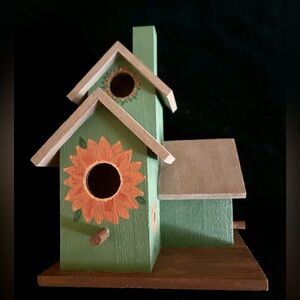 Hand painted Birdhouse. Wooden with a sage green finish and orange sunflowers.
